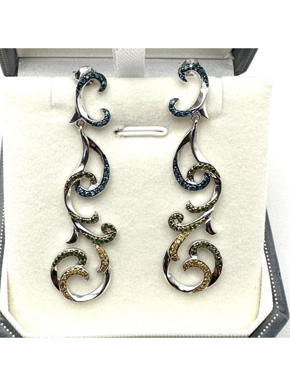 Yellow Green Blue Diamond Sterling Silver Pierced Chandelier Earrings